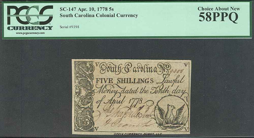 SC-147, South Carolina Colony, April 10, 1778 Five Shillings, Ch.AU, PCGS58-PPQ